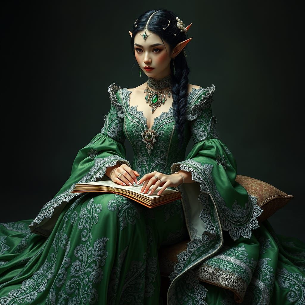 Regal Elf Queen Portrait in Art Nouveau Style