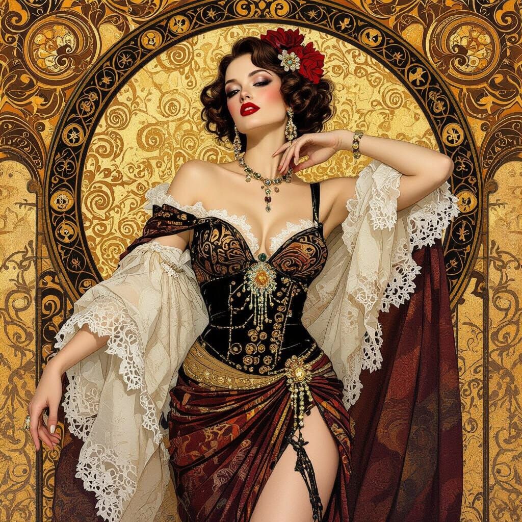 Elegant Pinup Model in Baroque Art Nouveau Style
