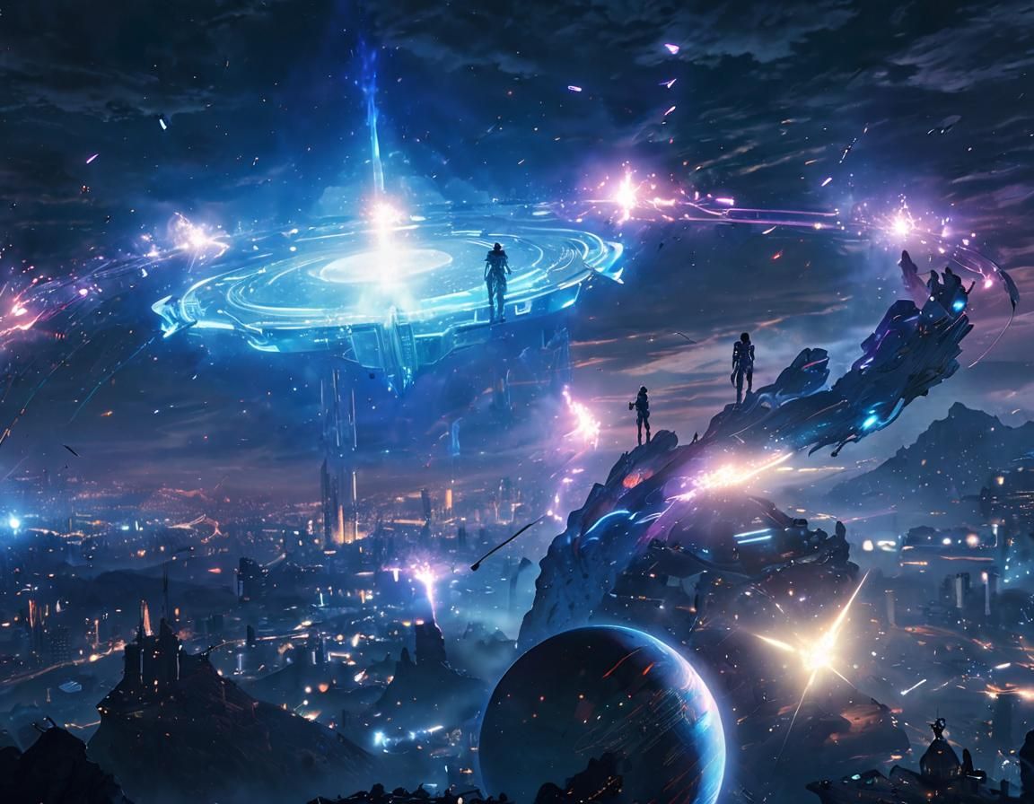 Goddesses Overlook Neon Cityscape in Sci-Fi Rendering