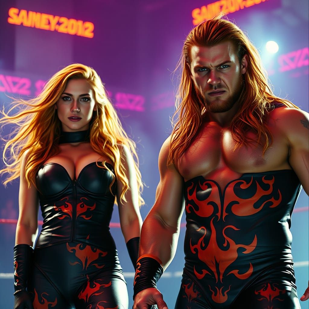 Fierce Wrestlers in Neon Arena: Dark Fantasy Style