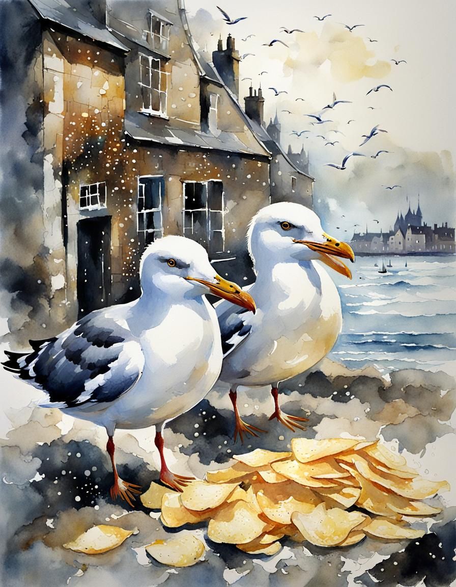 Seagulls Stealing Chips: Watercolor Art
