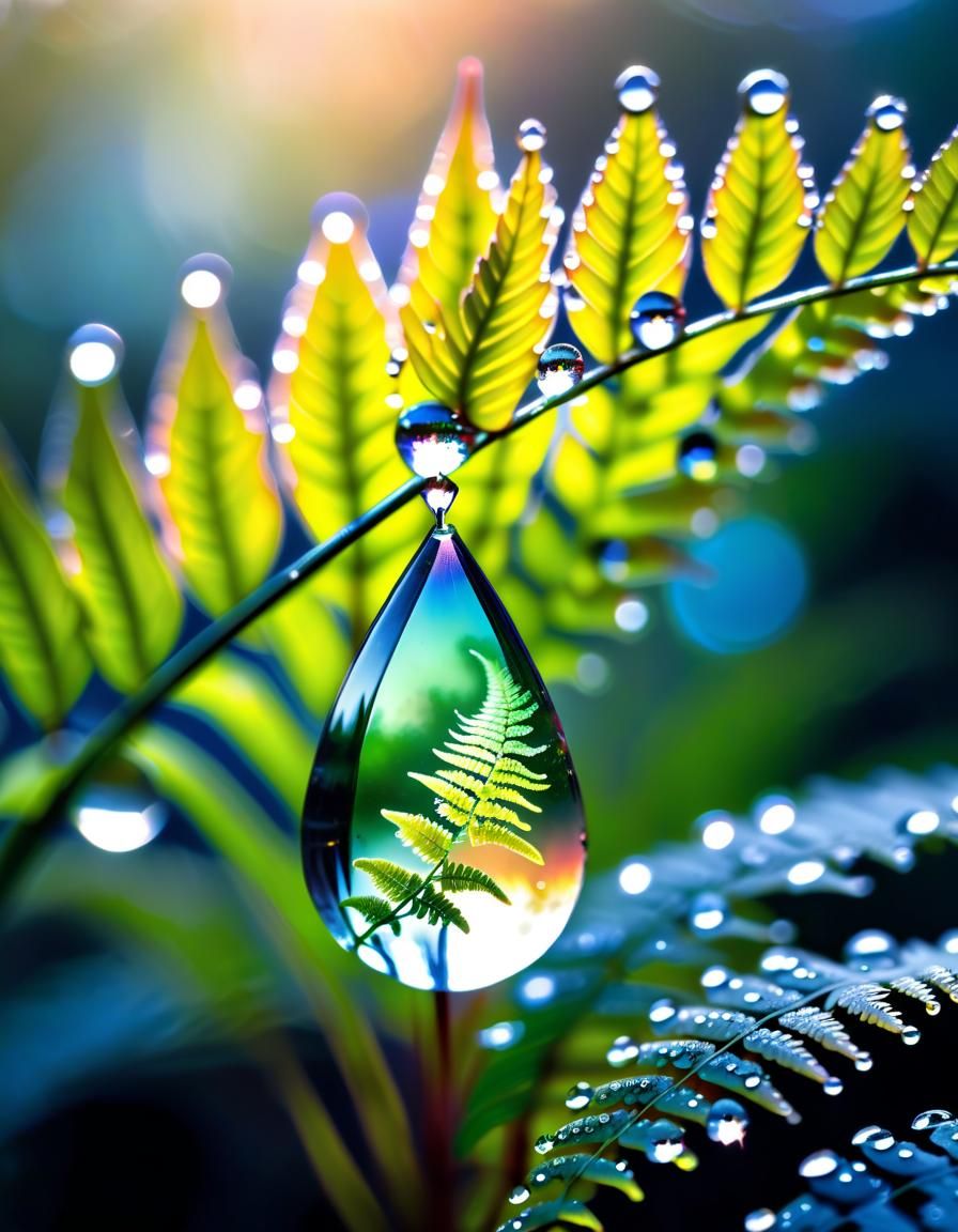 Shining Dew Drop Reflecting Ferns: Microscopic Photography