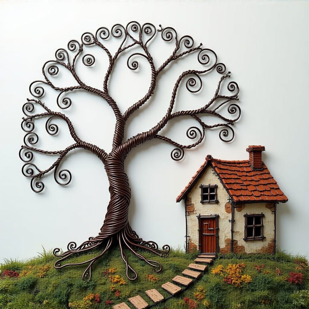 Whimsical Wire Art: Tree and House Sculpture