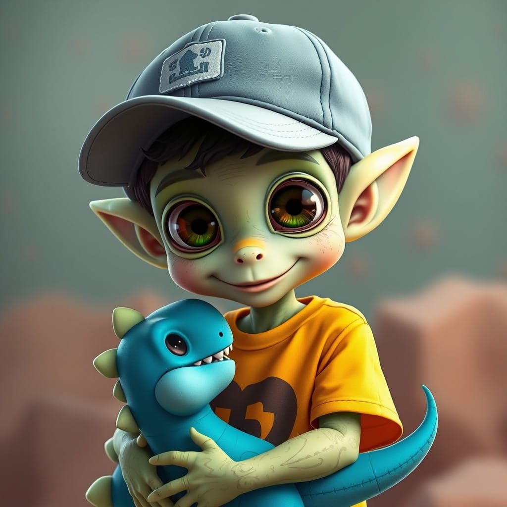 Adorable Alien Boy with Lemon Green Skin and Dino Pal