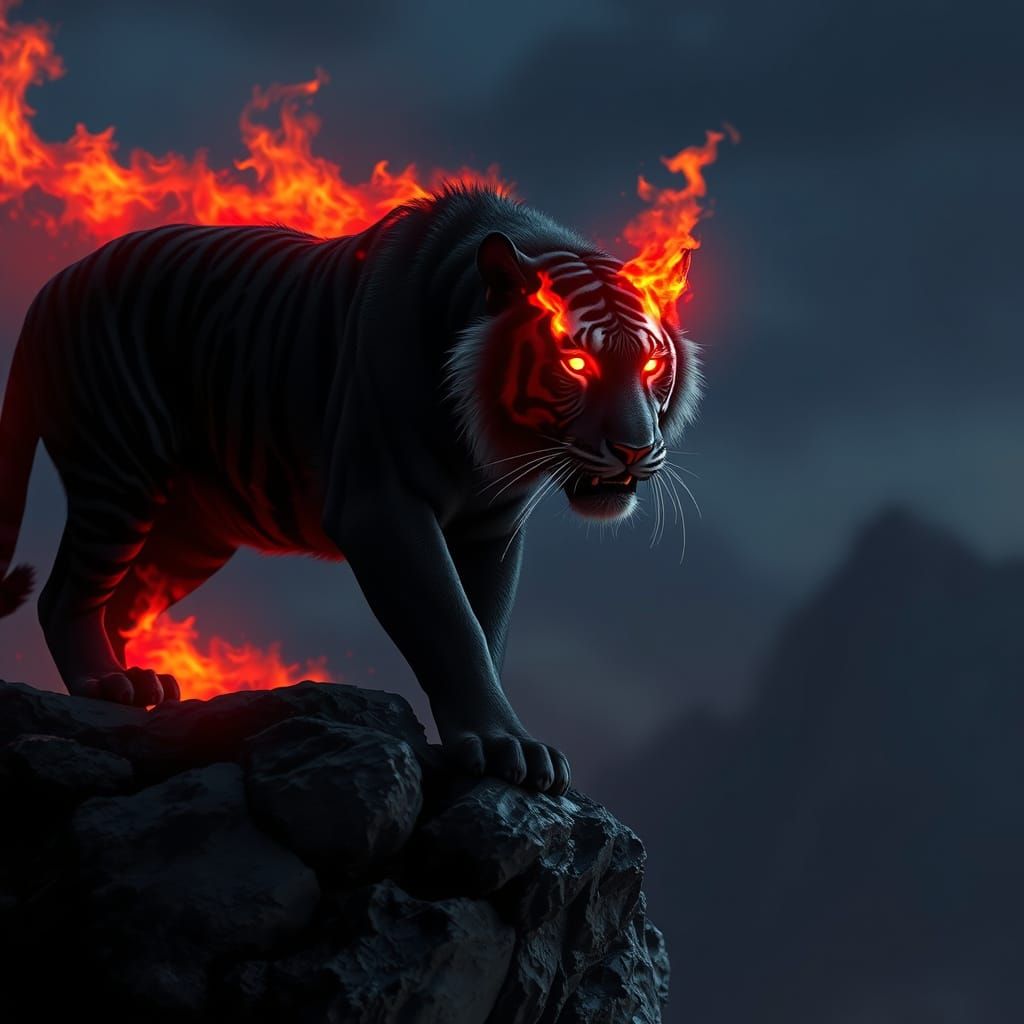 Fiery Tiger Perched on Rocky Cliff at Night