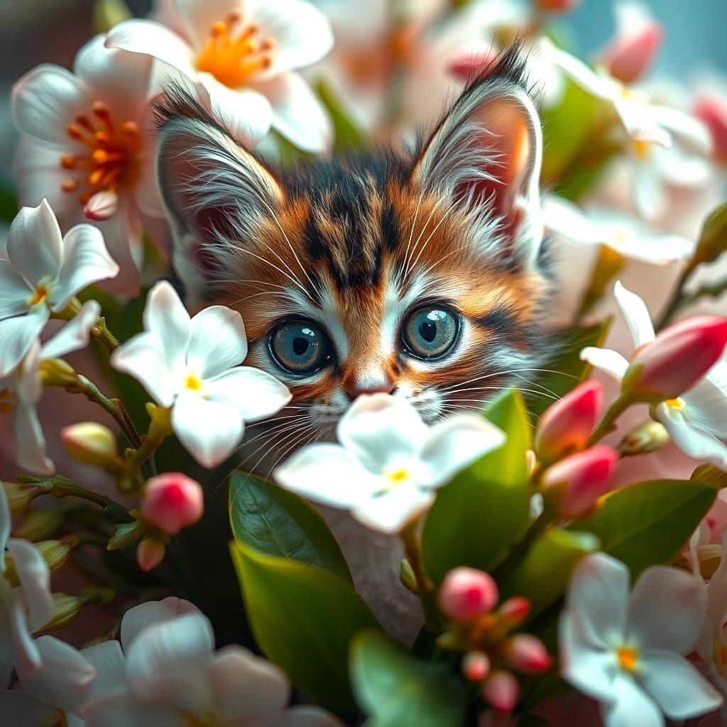 Surreal Kitten in a Dreamlike Jasmine Scene