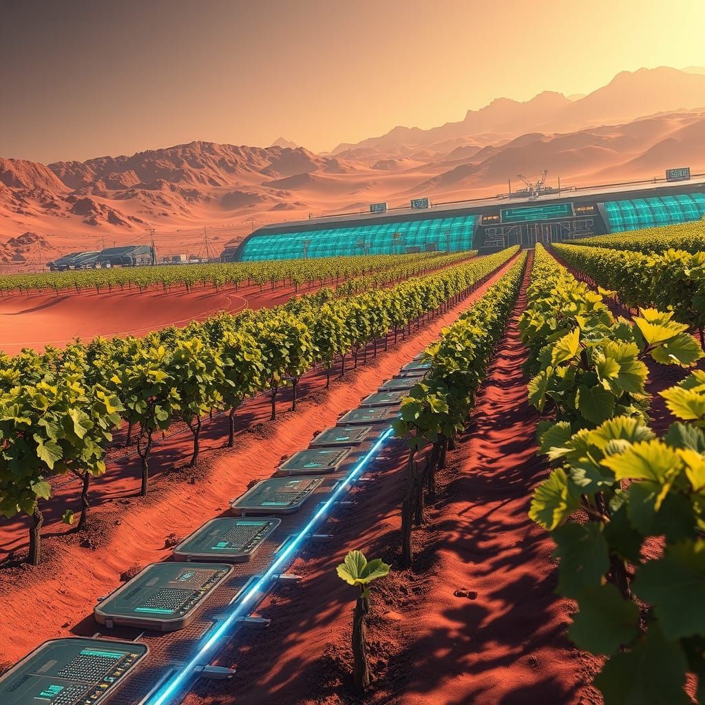 Futuristic Martian Vineyard with Genetically Modified Grapev...