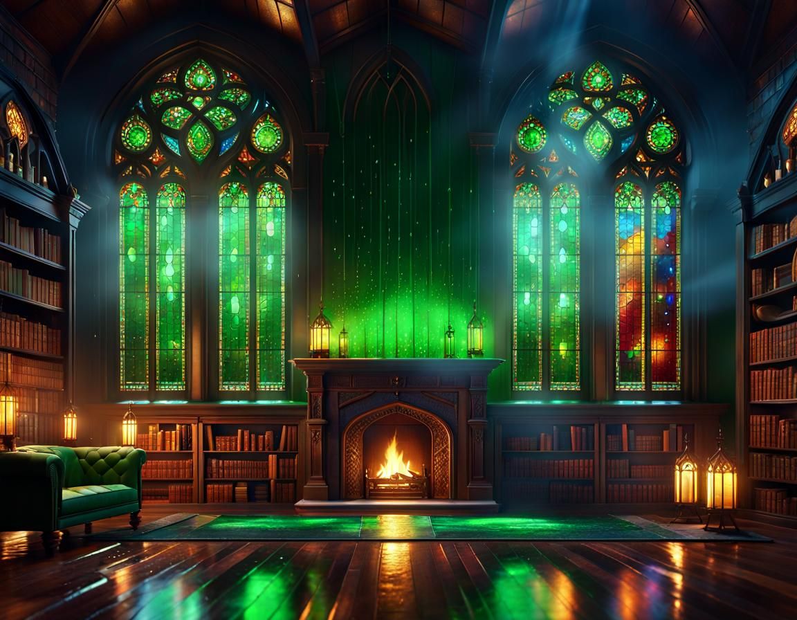 Cozy Fireplace Behind Rainy Stained Glass Window