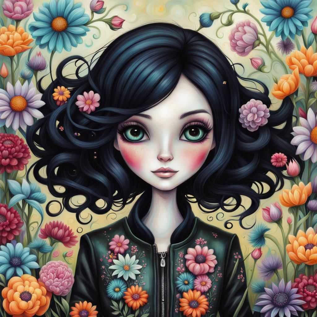 Girl Surrounded by Flowers in Surreal Style