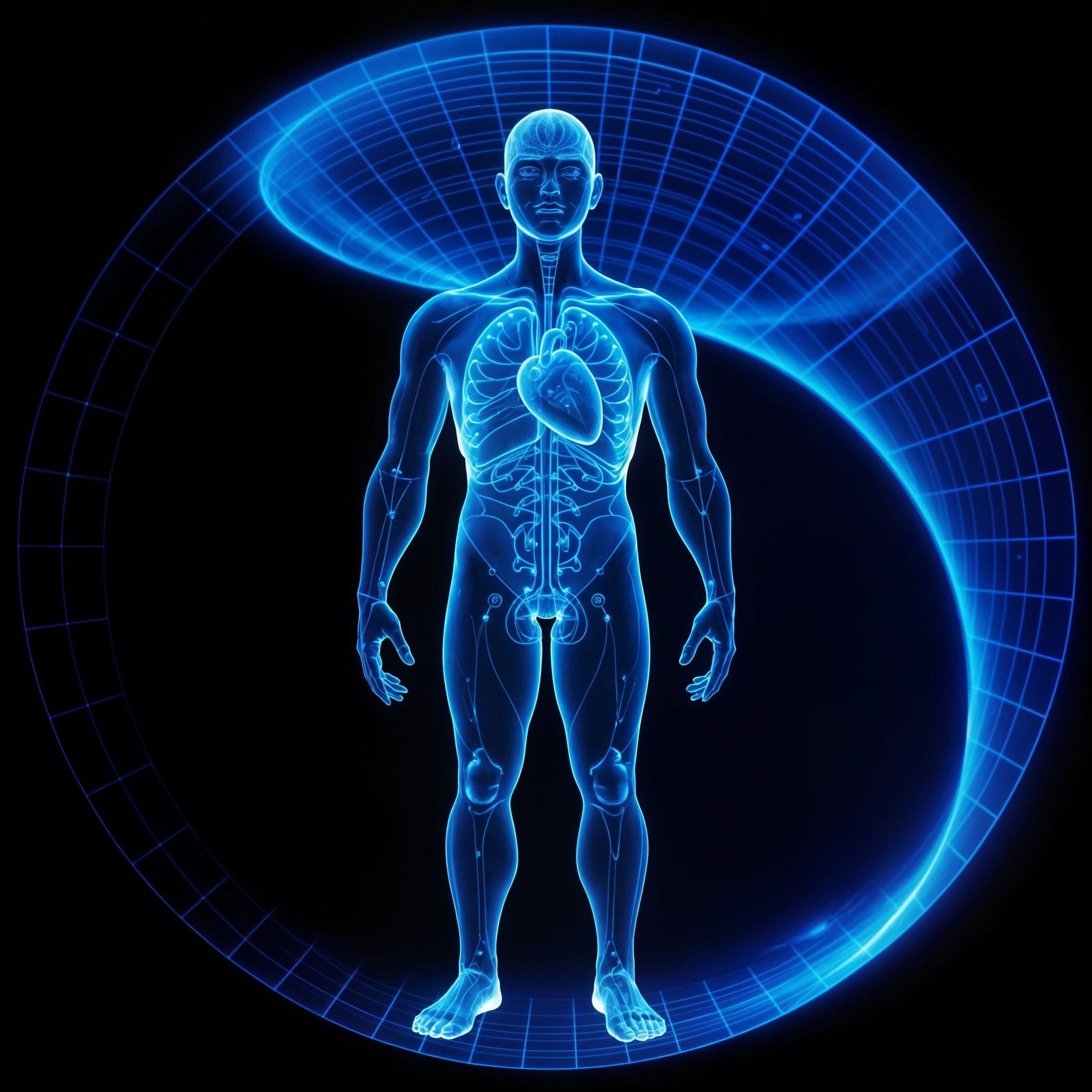 Futuristic Human Hologram in Glowing Blue Aura with Energy F...