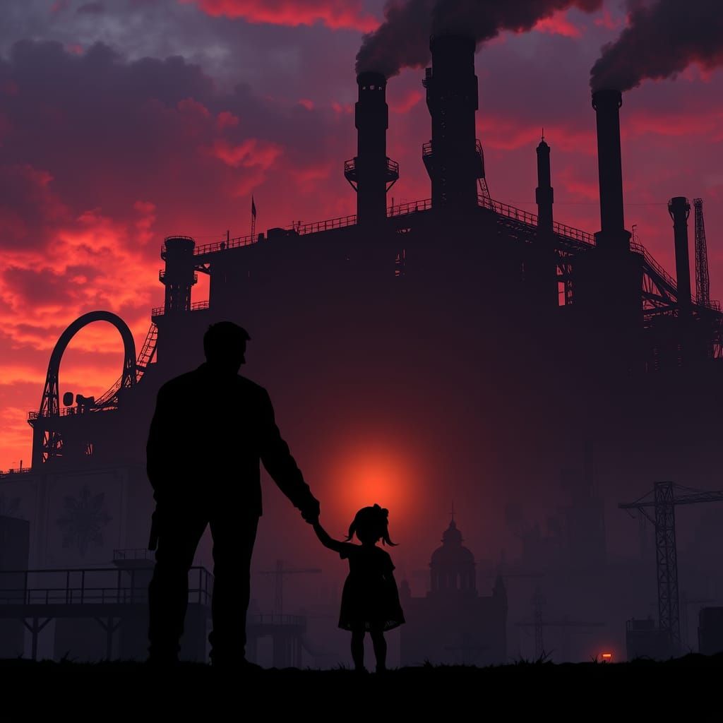 Dystopian Silhouette: Father and Daughter at Twilight