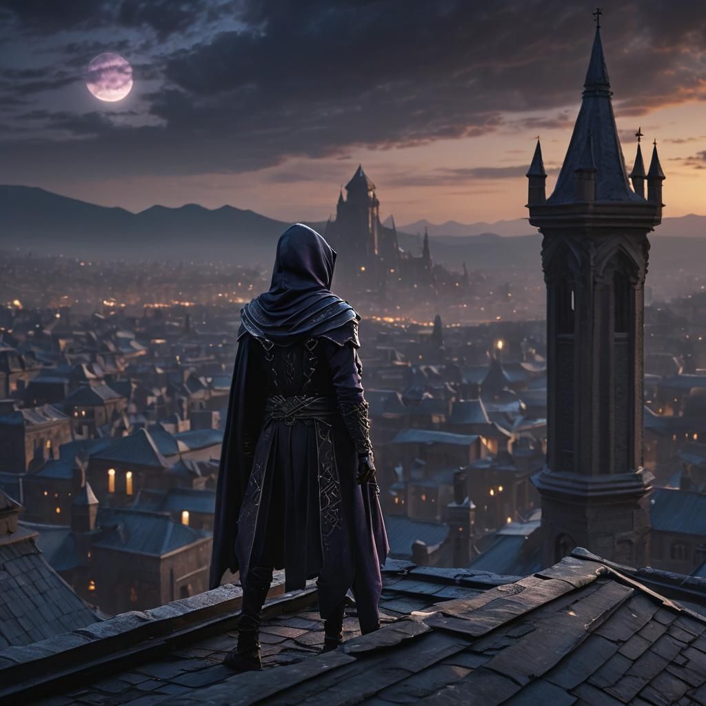 Dark Elf Assassin on Gothic Rooftop at Dusk