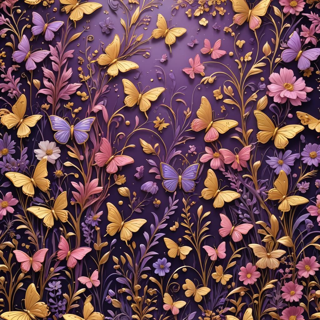 Enamel Butterflies and Flowers in Pink and Gold