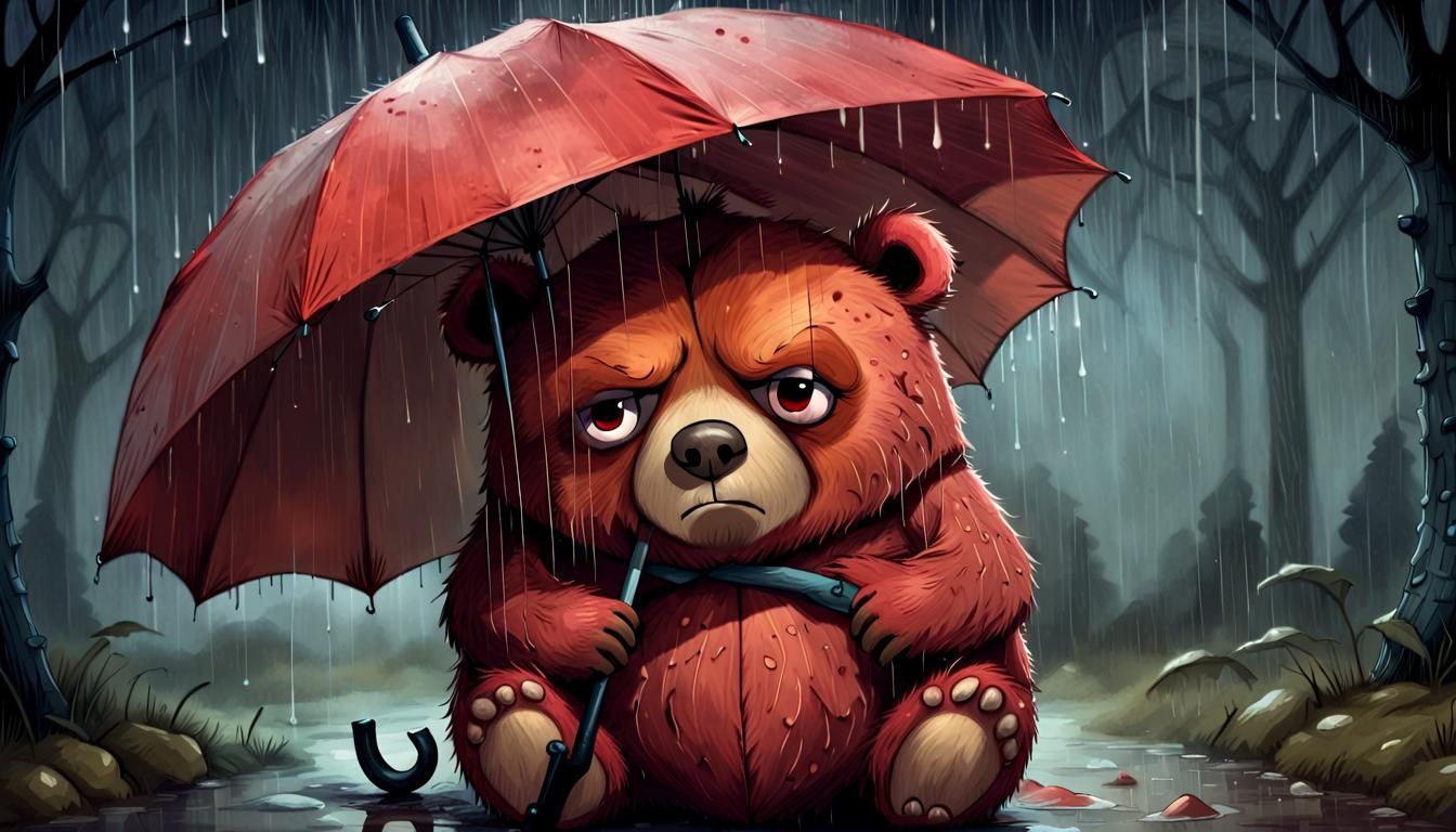 Sleepy Red Bear's Umbrella Nightmare