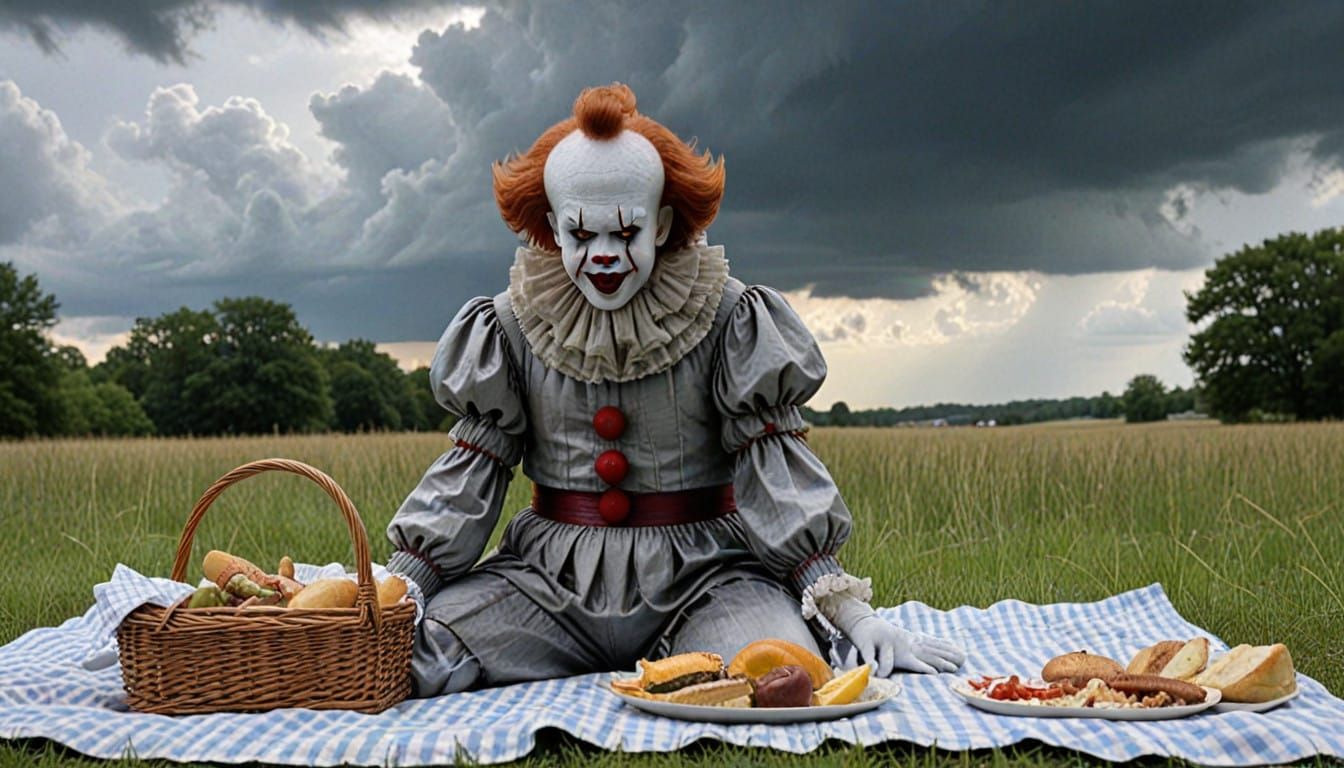 Clown and Sunbather Amidst Turbulent Skies