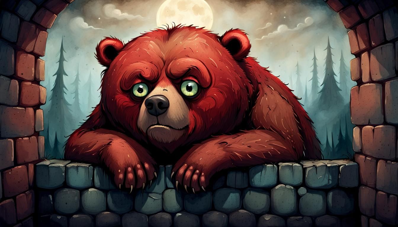 Grumpy Red Bear Pouts on City Wall