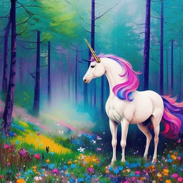 Unicorn in Hyperdetailed Marbled Forest Illustration