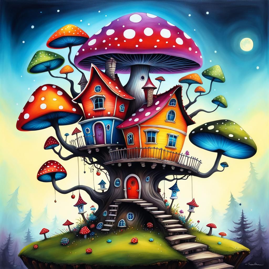 Whimsical Fairy House on Polkadot Mushroom Tree