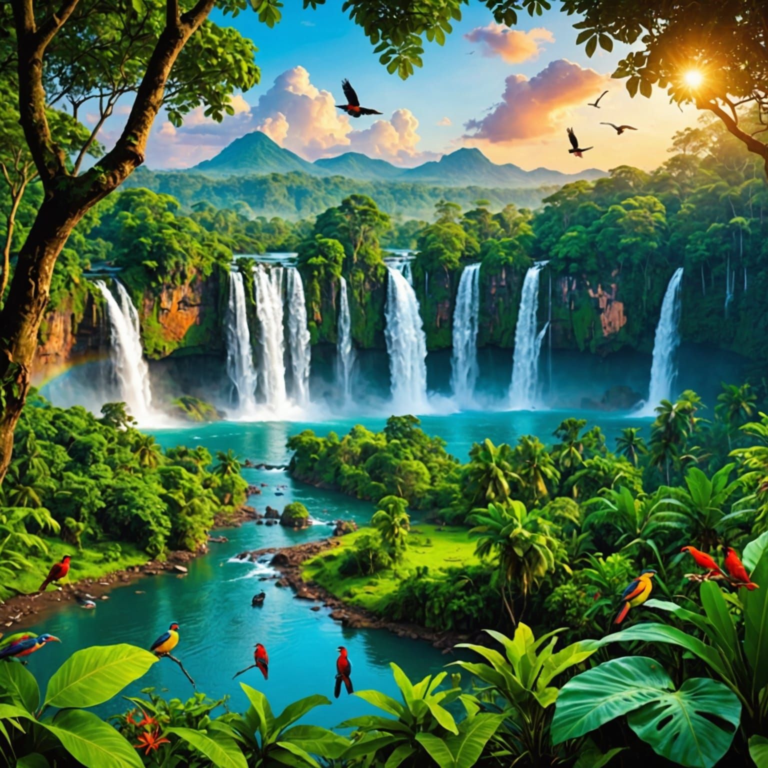 Lush Amazonian Vista with Waterfalls