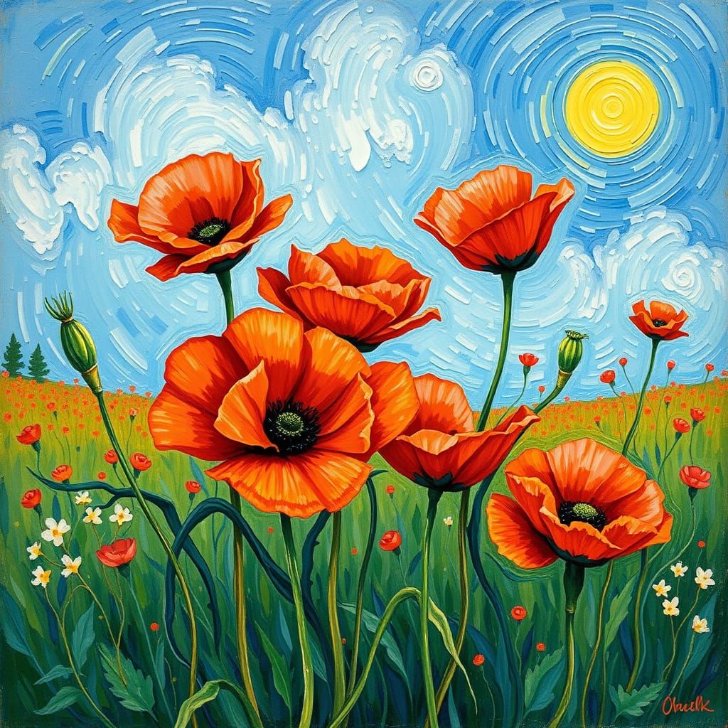 Vibrant Poppy Field in Whimsical Gouache Style