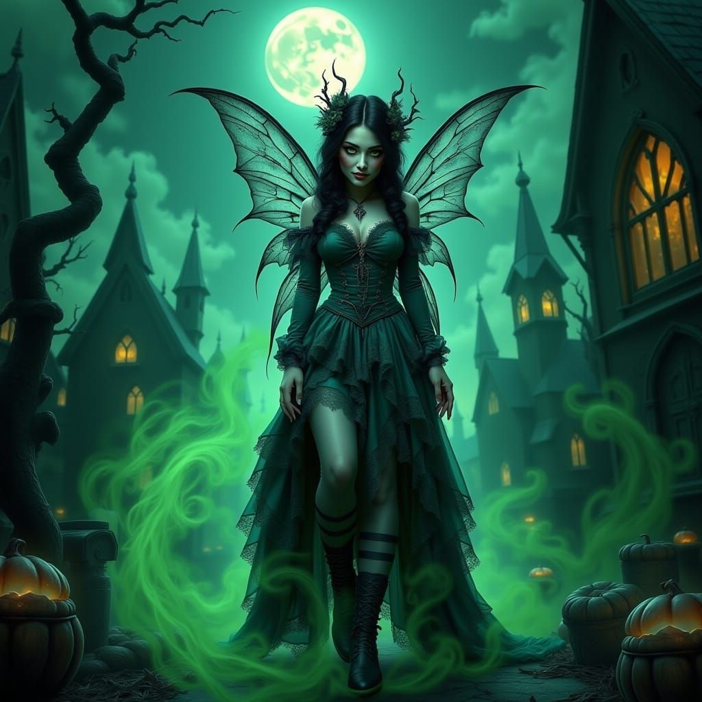 Victorian Cyberpunk Fairy in Moonlit Graveyard
