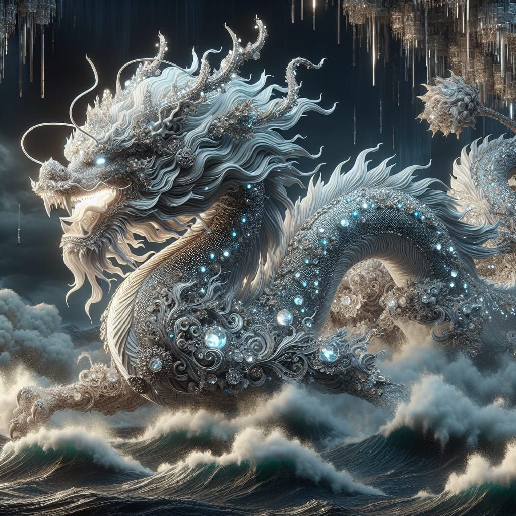 Gem-Coated Dragon Roaring in Stormy Sea