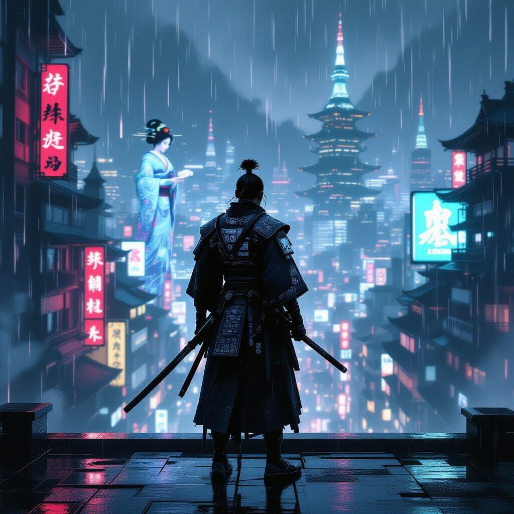 Cybernetic Samurai in Neon Gothic Tokyo