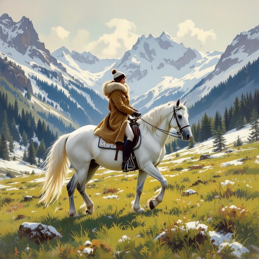 Woman on White Horse in Snowy Valley, Luminist Style
