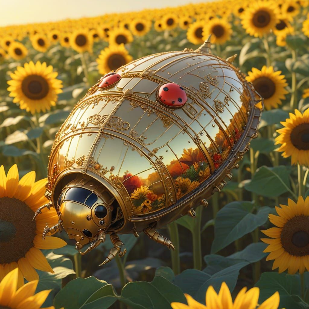 Ladybug Airship in Sunflower Field: Ghibli-Inspired Digital ...