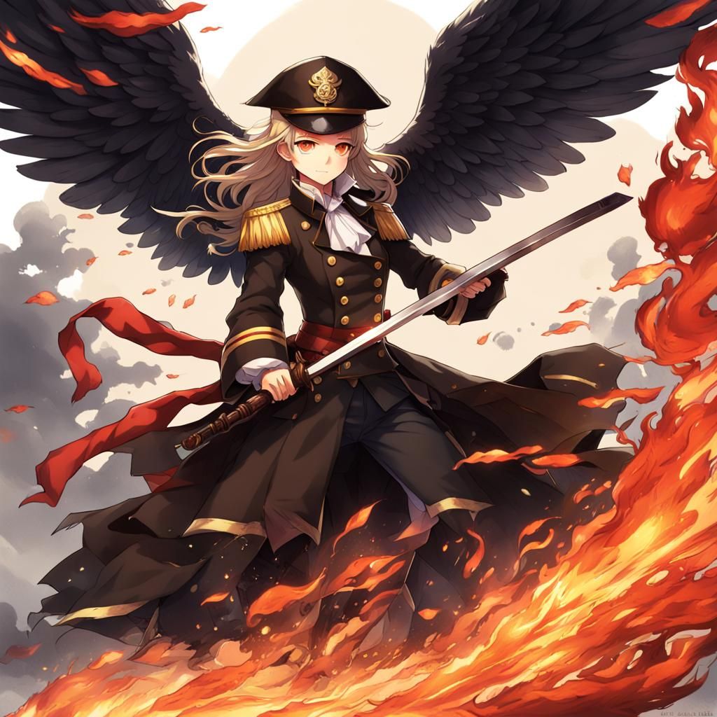 Winged Naval Officer with Flaming Katana in Anime Style