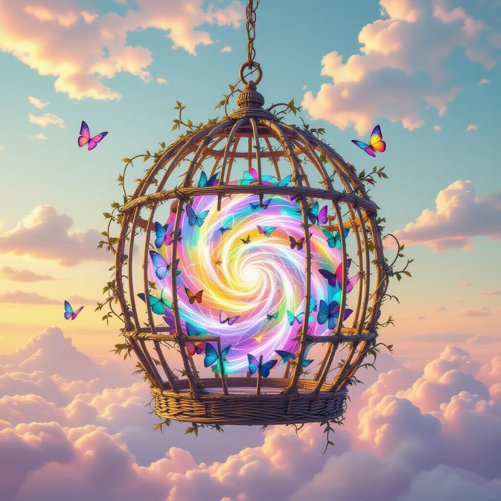 Surreal Birdcage with Butterfly Vortex in Pastel Sky