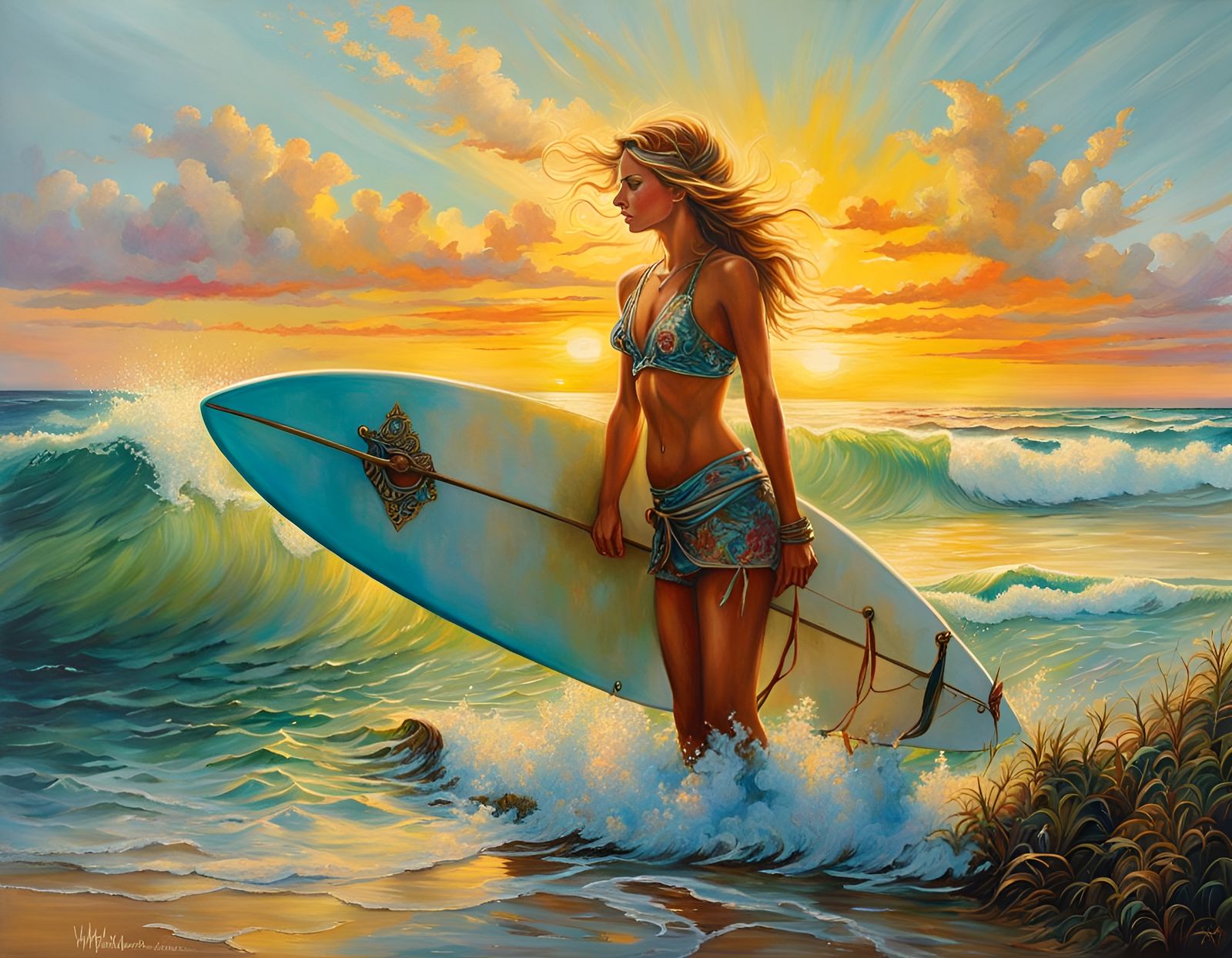 Beautiful Surfer Girl Oil Painting on Canvas