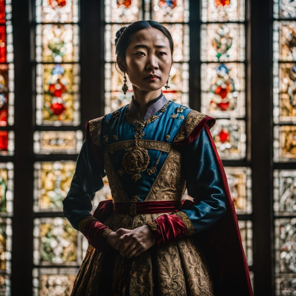 Portrait of a woman of royal mien, porcelain skin enriched b...