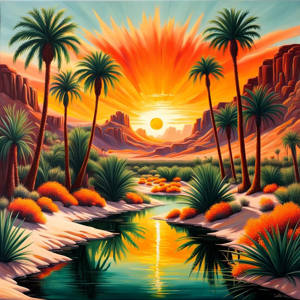 Vibrant Desert Oasis Sunset Oil Painting