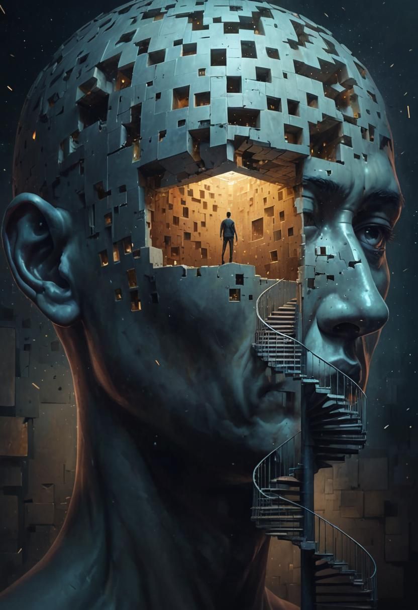 Surreal Cosmic Head with Spiral Staircases