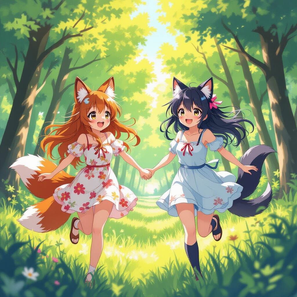Anime Animal Girls Running Through Forest