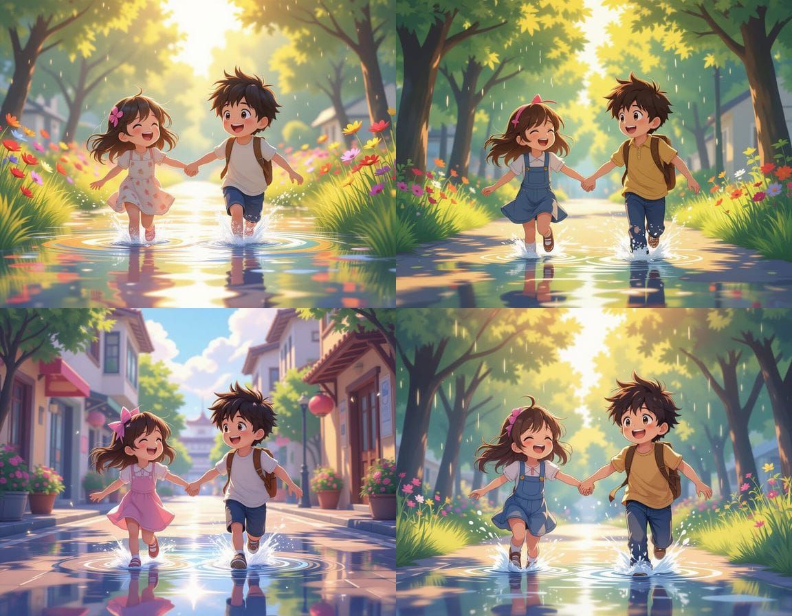 Anime Children Laughing and Running Through Puddles