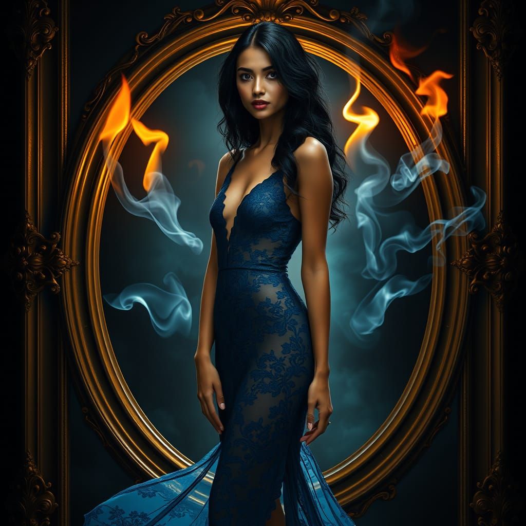 Latina Woman in Blue Lace Gown with Flames