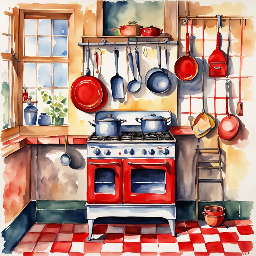 Colorful 40s Kitchen in Watercolor Style