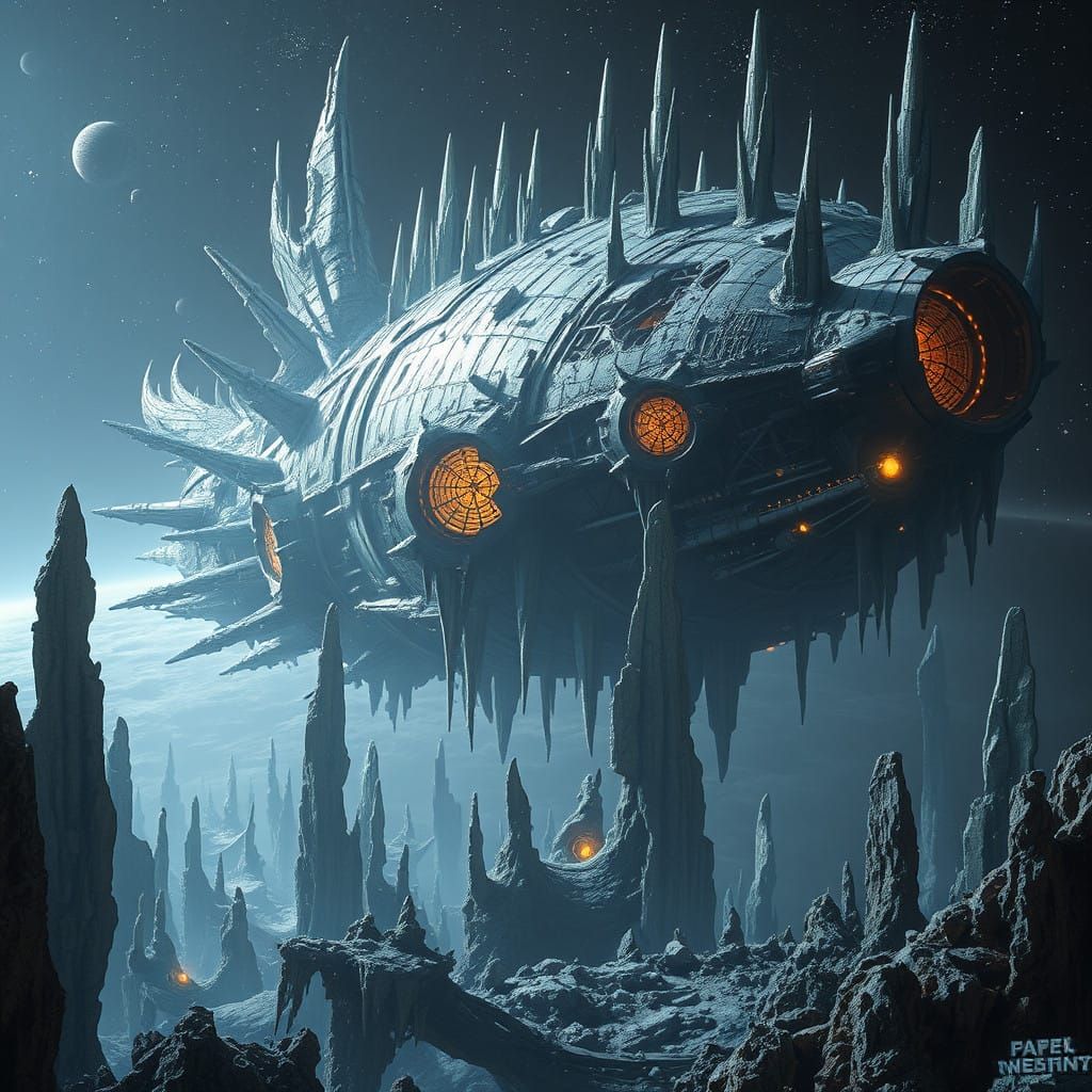 Glowing Alien Spire Starship in Cosmic Darkness