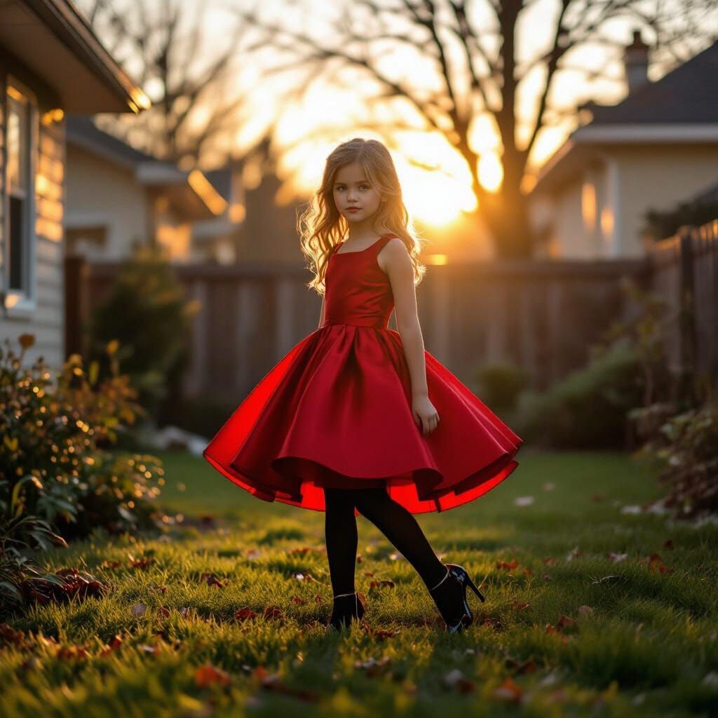 Girl in Red Prom Dress in Backyard