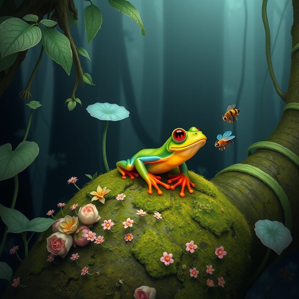 Frog in Foggy Rainforest with Blue Flower