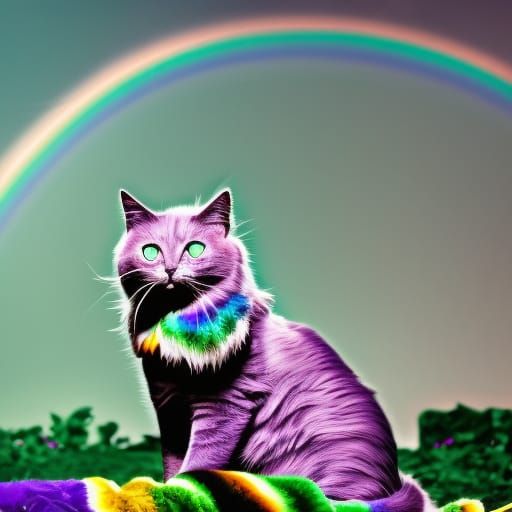 Ethereal purple cat with emerald green eyes& Beautiful fur& shimmery beautiful all rainbow background.