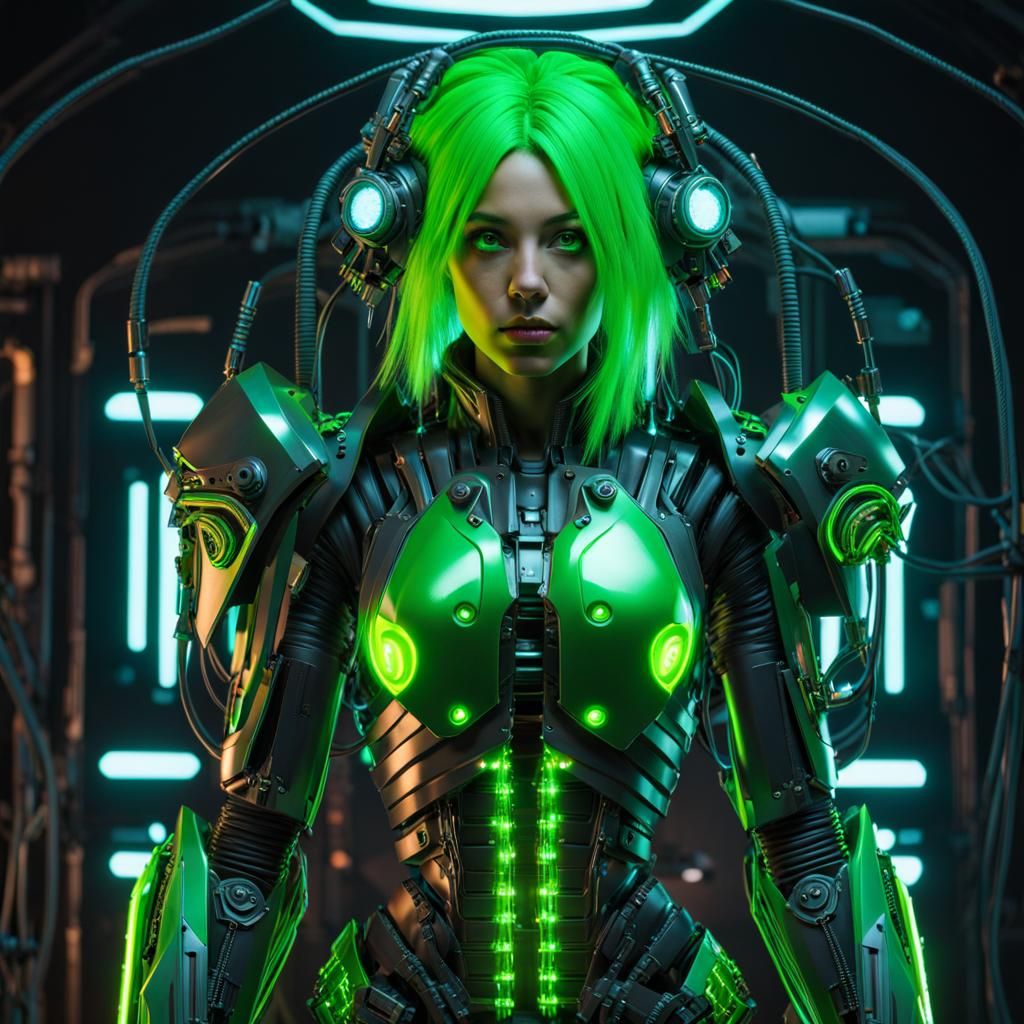 Cyberpunk Girl in Bio-Mechanical Armor, Glowing Neon Art