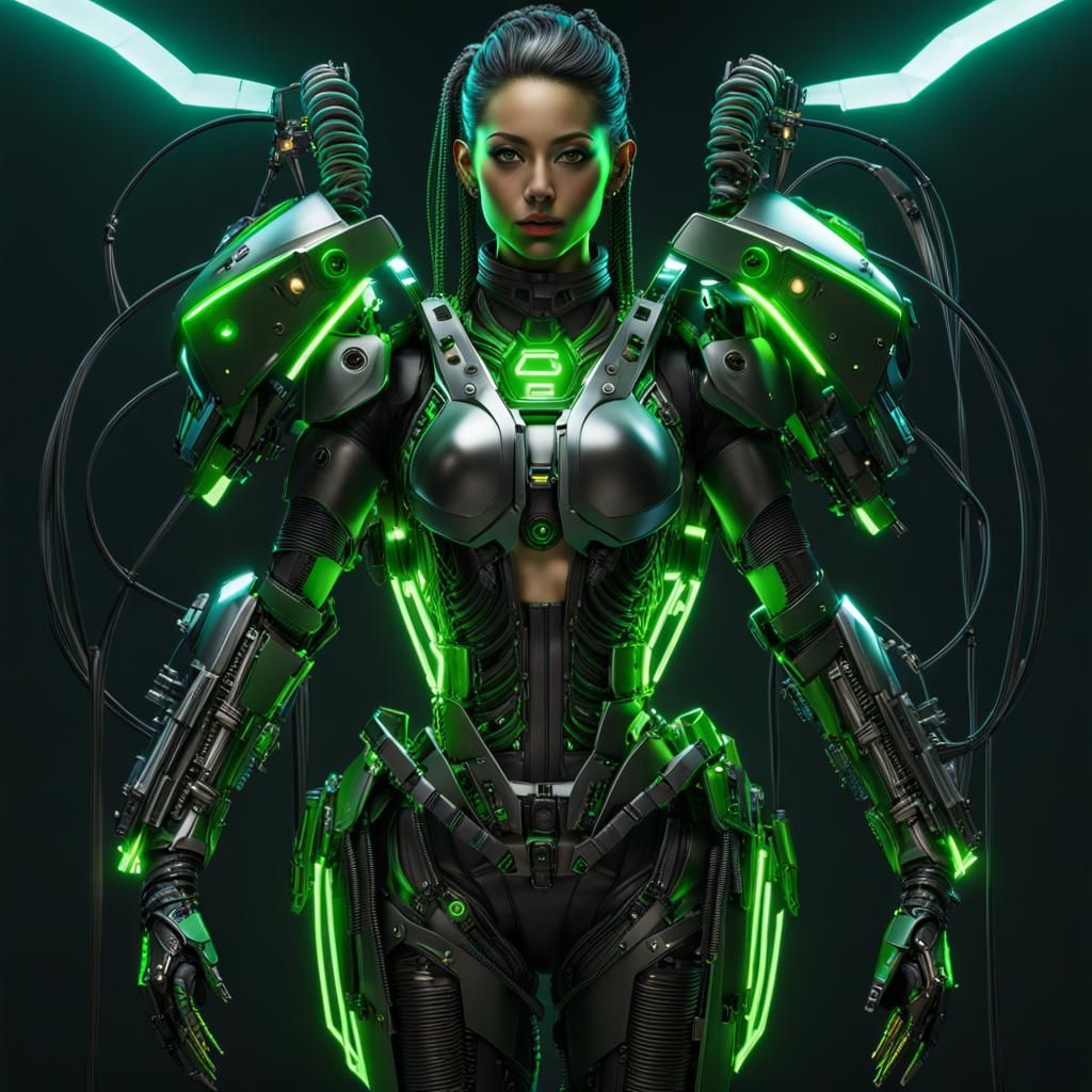 Cyberpunk Warrior in Bio-Mechanical Armor, Glowing Neon