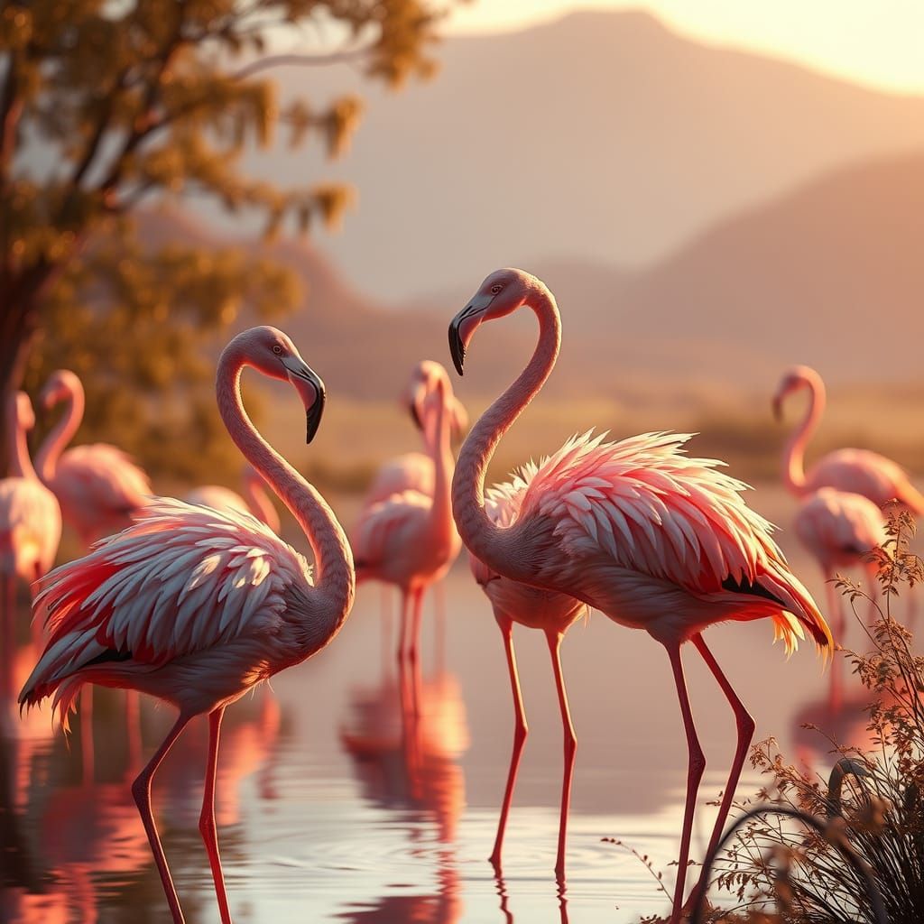 Flamingos in Evening Light: Anime-Inspired 3D Render