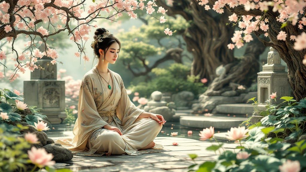 Meditative Woman in Zen Garden, Watercolor Style