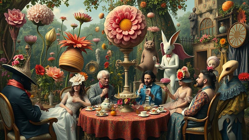 Surreal Garden Party in a Bosch-Klimt Style