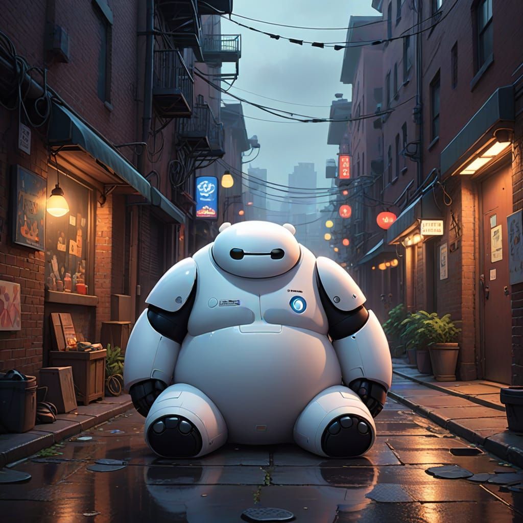 Moody Baymax in a Dimly Lit Alleyway