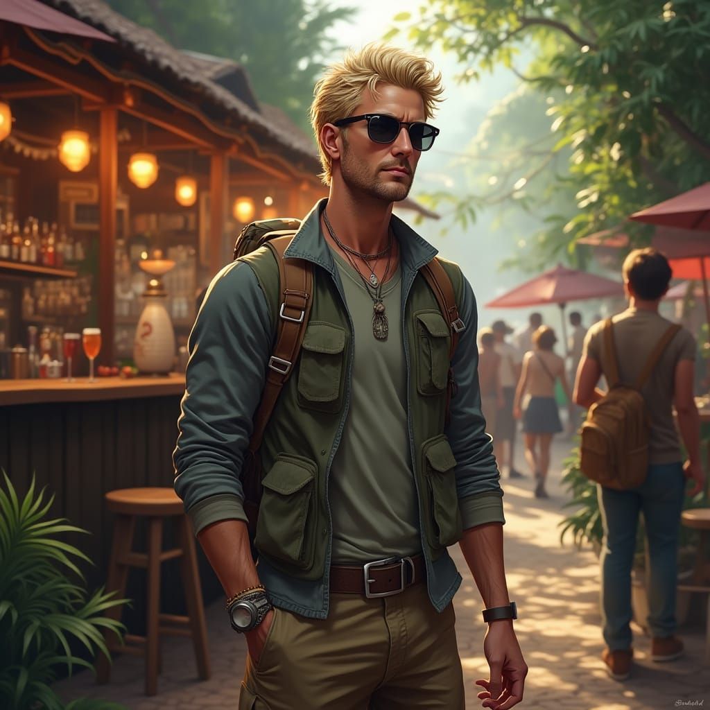 Hyper-Realistic Man in Jungle Bar - Outdoor Market Scene